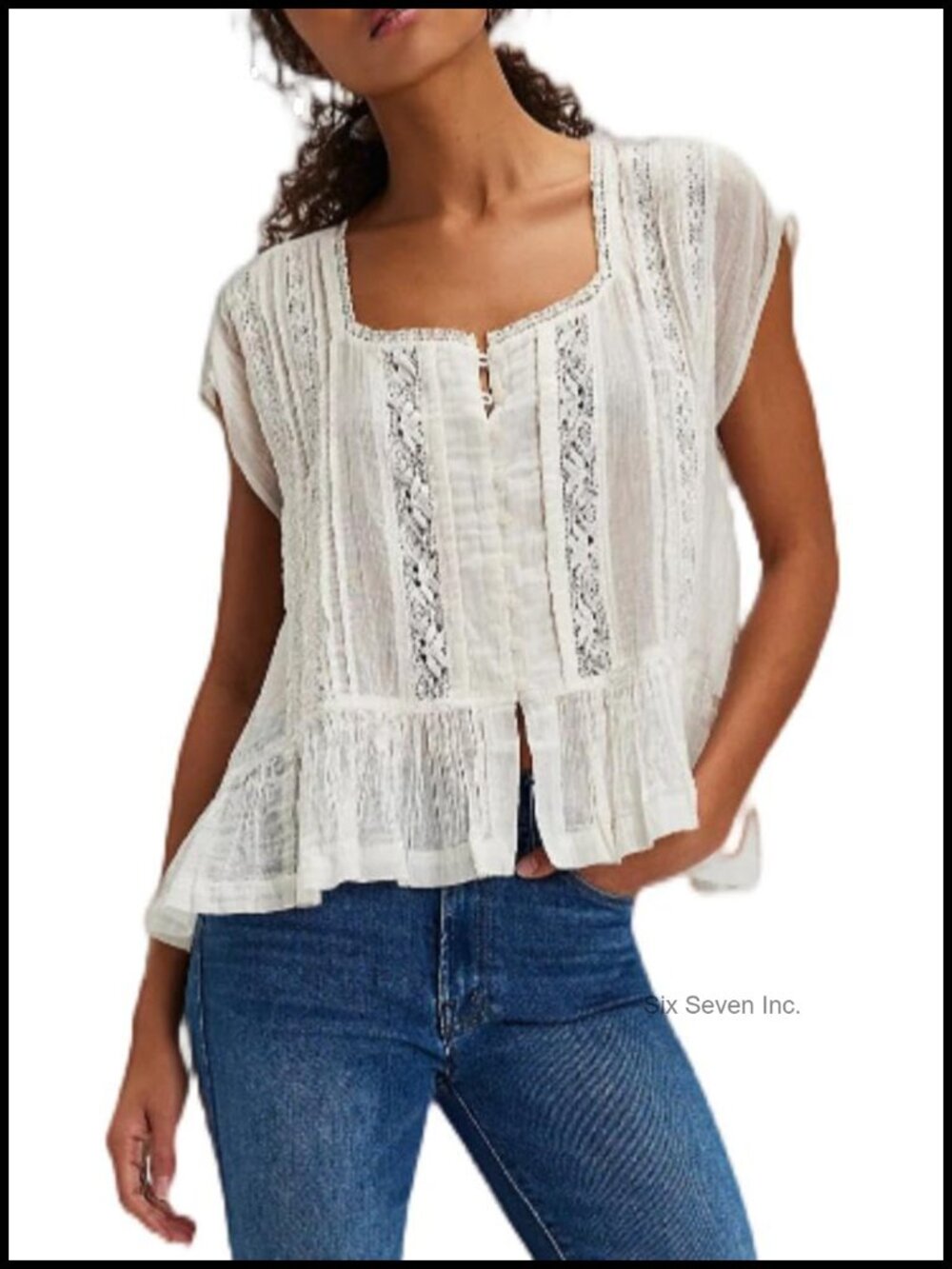 Lace Eyelet Boho Tie Front Peplum Blouse Ruffle Short Sleeve Summer Top